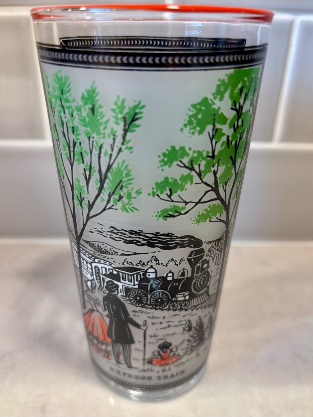 1960s Libbey 16 oz currier and Ives tumbler drinking glass riverboat and train